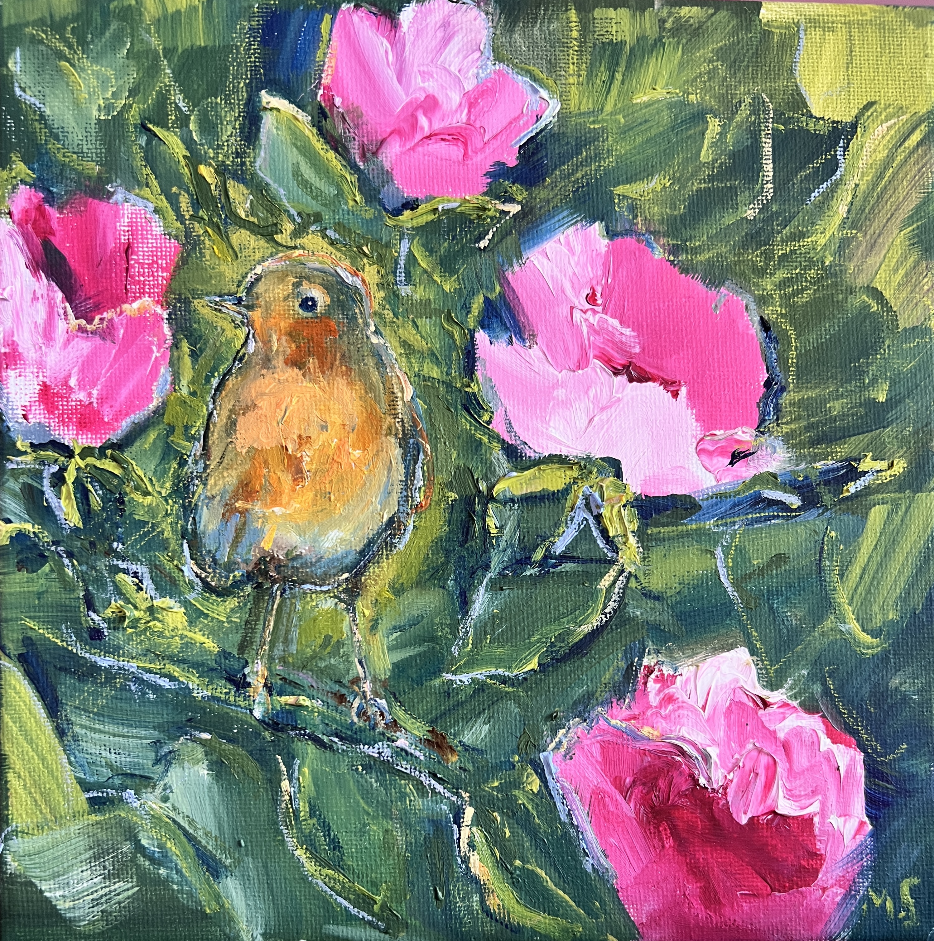 Robin Bird in the Rose Garden — painting by Marina Stognieva